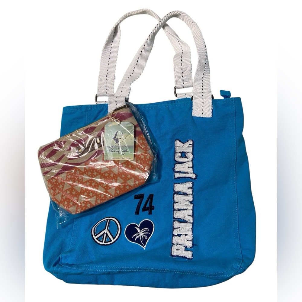 PANAMA JACK Vibrant Blue Tote with White Accents plus Cosmetic pouch
